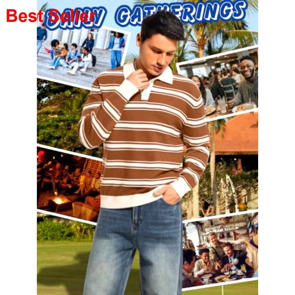 Men's Striped Long Sleeve Polo Sweater, Lightweight Knit Pullover